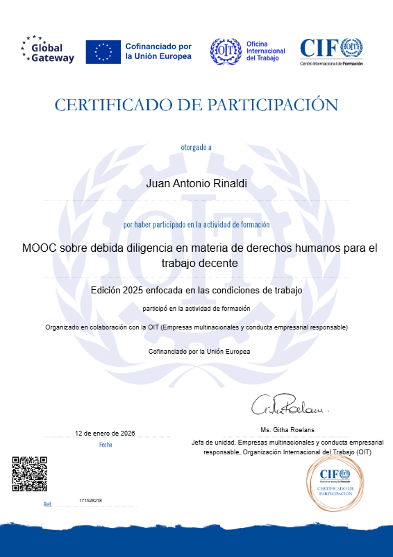 Certificado de participación OIT - MOOC debida diligencia derechos humanos